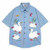 WIAOFELLAS  -  Men Streetwear Retro Vintage Shirt Swan Applique Embroiderey Plaid Cotton Summer Casual Harajuku Shirt Short Sleeve Japanese Tee