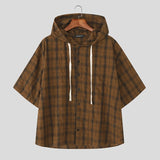 WIAOFELLAS  -  Men Plaid Shirt Hooded Short Sleeve Loose Casual Men Clothing Summer Korean Style Streetwear 2025 Male Shirts Tops S-5XL