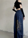WIAOFELLAS  -  Jeans Men Women Designer Dragon Pattern Embroidered Trousers Versatile Trend Loose Wide Leg Pants Men Boyfriend Jeans