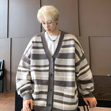 WIAOFELLAS  -  Autumn Striped Cardigan Sweater Men Korean Knitted Sweater Pullover Harajuku Hip Hop Streetwear Loose Knitwear Coat Male Clothes