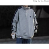 WIAOFELLAS  -  Spring and Autumn New Retro Stand Collar Casual Hoodie Street Lovers with Loose Pullover Long-sleeved T-shirt Men