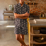 WIAOFELLAS  -  Mens Casual Home Vacation Suit Summer Fashion Elegant Loose Black Floral Print Short Sleeve Shirt Shorts Two-Piece Set