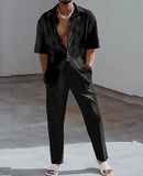 WIAOFELLAS  -  New Spring/Summer Fashion Shirt Set Men's 3D Printed Collar Short Sleeve Casual Solid Color Set Hawaiian Shirt Holiday Men's Set