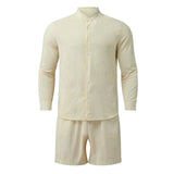 Wiaofellas  -  Men's Shorts Set Button-up Long Sleeve Shirt + Shorts Casual Beach Outfits Men Two Piece Tracksuit Fashion Streetwear