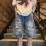 WIAOFELLAS  -  Mens Denim Shorts Ripped Trendy Y2k Lightning Pattern Shorts High Street American Style Versatile Retro Shorts Thin Summer