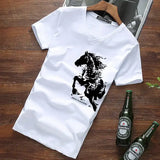 Wiaofellas  -  Men's V-neck Cotton T-shirt Chinese Style Horse Print Short Sleeve Slim Fit Casual Summer Tee