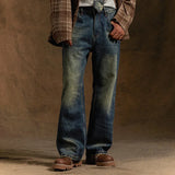 WIAOFELLAS  -  Men's Jeans High Street Trendy Denim Pants American Retro Washed Worn Straight Tube Versatile Micro Flared Casual Trousers