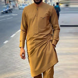 Wiaofellas  -  African Youth Stand Collar Slim Fit Brown Ordinary Spring And Autumn Casual Shirt Dashiki Suit Muslim Suit Rich Bazin