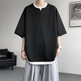 WIAOFELLAS  -  Summer Fashion Fake Two T-shirts Men Lightweight Loose Short Sleeve Casual Pull On Tees Male Solid Streetwear Hip Hop Tops Man