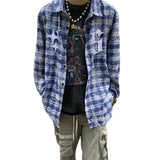 Wiaofellas  -  Retro American Workwear Shirt Men Women Loose Long Sleeve Tie Dye Plaid Outerwear Top Breathable Non Iron Polyester Fiber