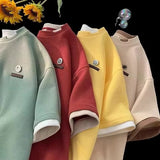 WIAOFELLAS  -  Waffle Colour Block False Two Piece T-Shirt Trendy Loose Fit Casual Clothing Men's Half Sleeve T-shirt Breathable Waffle Tops