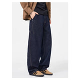 Wiaofellas  -  Men Raw Dark Wash Baggy Jeans Contrast Stitch Wide Leg Curved Cut Denim Pants Vintage Straight Loose Casual Street Trousers