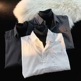 WIAOFELLAS  -  2025 Men Spring Autumn Fashion Fake Two-piece Striped Shirt Men's Long Sleeve Loose Shirts Male Pocket Casual Blouses P670