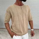 WIAOFELLAS  -  Summer Men's Vintage Knit Short Sleeve T-Shirt Muscle Frenulum O-Neck Loose Stretch Pullover Sweater Tees Casual Knitwear Tops