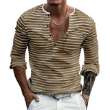 WIAOFELLAS  -  Mens Long Sleeve T-Shirt Slim Fit Striped Top Autumn Base Warm Fashion Henry Shirt Long Sleeve Pullover Versatile Men'S Clothing