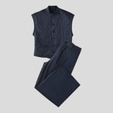 WIAOFELLAS  -  Men Striped Sets Stand Collar Sleeveless Vests & Pants Two Pieces Sets Streetwear Loose Fashion Men's Casual Suits S-5XL