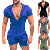 Wiaofellas  -  Men's Solid Color Hooded Bodysuit Zip Shorts One Piece Set