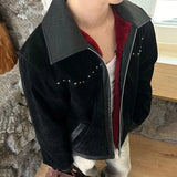 WIAOFELLAS  -  High Street Men's Coats Turn-down Collar PU Leather Patchwork Metal Rivets Zipper Solid Color Casual Male Jackets