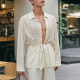 WIAOFELLAS  -  Men Striped Shirts Lapel Long Sleeve Lace Up Loose Autumn Men Clothing Streetwear Fashion Casual Male Shirts S-5XL