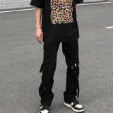 WIAOFELLAS  -  Button Zipper High Waist Solid Color Pockets Trousers Cargo Men's Clothing Wide Leg Spring Autumn Preppy Style Vacation Pants