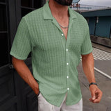 Wiaofellas  -  Men'sSolid Color Textured Short Sleeve Shirt Summer Casual Business Lapel Button Down Top Breathable Comfortable Top