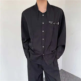 WIAOFELLAS  -  Fashion Men's Solid Color Patchwork Metals Design Casual Shirts Trendy Stand Collar Long Sleeves Blouses Male Summer
