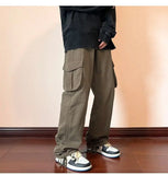 WIAOFELLAS  -  American Retro Workwear Pants Men's High Street Ins Trendy Loose Straight Leg Mop Pants with Multiple Pockets Casual Pants