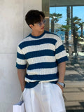 WIAOFELLAS  -  Summer Striped Short Sleeve O Neck Men Knitted T Shirts Solid Color Fashion Casual Oversized Clothing Top Daily Gym B109