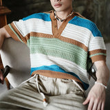 Wiaofellas  -  Men's Leisure Striped Hollow Out Polo Shirt Solid Color Texture Breathable Retro Streetwear Light Luxury Korean Popular Knitwear
