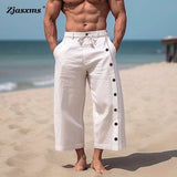 Wiaofellas  -  Men Casual Solid Color Cotton Linen Multi-Button Beach Pant Fashion Mid-Waist Loose Trouser Men Drawstring Pocket Wide-Leg Pants