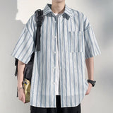 Men's Casual Breathable Short Sleeve Shirt Vertical Stripe Color-Block Lapel Relaxed Fit Trendy Summer Style Top