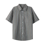 Men's Casual Breathable Short Sleeve Shirt Vertical Stripe Color-Block Lapel Relaxed Fit Trendy Summer Style Top