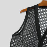WIAOFELLAS  -  Men Tank Tops Mesh Hollow Out Solid Button Male Vests See Through Streetwear Summer 2025 Sleeveless V Neck Men Clothing