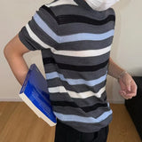 Wiaofellas  -  Daily Casual Knitting Tops Mens Stylish Striped Knit Short Sleeve Pullover Men Vintage O Neck Knitted T Shirts Summer Tee