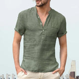 Wiaofellas  -  New Men's Casual Stand Up Collar Summer Solid Color Short Sleeve Linen Shirt Trendy Breathable Loose Youth Basic Pocket Top