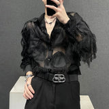 Wiaofellas  -  Men Sexy Mesh See-Through Feather Tassel Long-Sleeve Shirt Autumn Genderless Nightclub Personalized Stage Performance Top Unisex