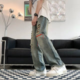 Wiaofellas  Men's Jeans Y2K High Street Retro Loose Washed Ripped American Summer Straight Long Pants
