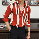 WIAOFELLAS  -  High End Red Striped Men Casual Shirts Autumn Fashion Long Sleeved Men's Floral Shirt Elegant Slim Fit Social Mens Dress Shirt