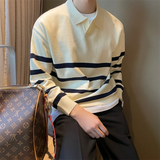 Wiaofellas  -  Autumn Simple Lapel Striped Sweater For Men Casual Vintage Korean Fashion Knitwear Top New Y2K Loose Knitted Pullover Jumper