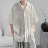 WIAOFELLAS  -  Korean Style Men's Shirts Lapel Hollow Out Knitting Single Breasted Tops Short Sleeved Pocket Loose Male Tops Trend