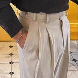 WIAOFELLAS  -  Mens Pants British Style Paris Buckle Business Casual Trousers Autumn Commuting Simple Solid Color Straight Pants Men'S Clothing