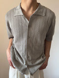 Wiaofellas  -  Casual Breathable Hollow Out Knit Shirts Men Vintage Solid Color Buttoned Lapel Knitted Cardigan Mens Tops Summer Fashion Shirt