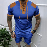WIAOFELLAS  -  Summer American Retro Loose Casual Men's Wear Suit Elegant Fashion Handsome Splicing V Neck Tie Short Sleeve Shorts Chic Tops