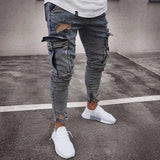 Wiaofellas  -  Stretch Men's Ripped Jeans Trend Zipper Big Pocket Hole Slim Pants