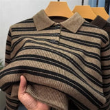 Wiaofellas  -  Autumn Retro Colorblock Striped Polo Collar Knitwear For Men Korean Fashion Long Sleeve Knitted Pullovers Fleece Y2K Sweaters