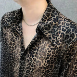 Wiaofellas  -  Mens Sexy Leopard Print Mesh See-Through Ice Silk Shirt Autumn Genderless Fashion Youth Nightclub Breathable Hollow Top Unisex