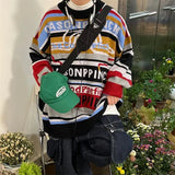WIAOFELLAS  -  Men's Knitted Sweaters Retro Contrast Striped Round Neck Sweater Women Autumn Winter Long Sleeves Letter Pullover Tops