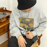 Wiaofellas  -  Sunflower Loose Print Crew Neck Slim Pullover Sweatshirts New Spring Korean Style Oversized Tops Male Casual 2Y2134