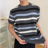 Wiaofellas  -  Daily Casual Knitting Tops Mens Stylish Striped Knit Short Sleeve Pullover Men Vintage O Neck Knitted T Shirts Summer Tee
