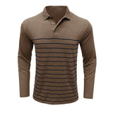 Wiaofellas  -  Men Striped Print Lapel Collar Long Sleeve Polo Shirt Autumn Winter Casual Daily Top
